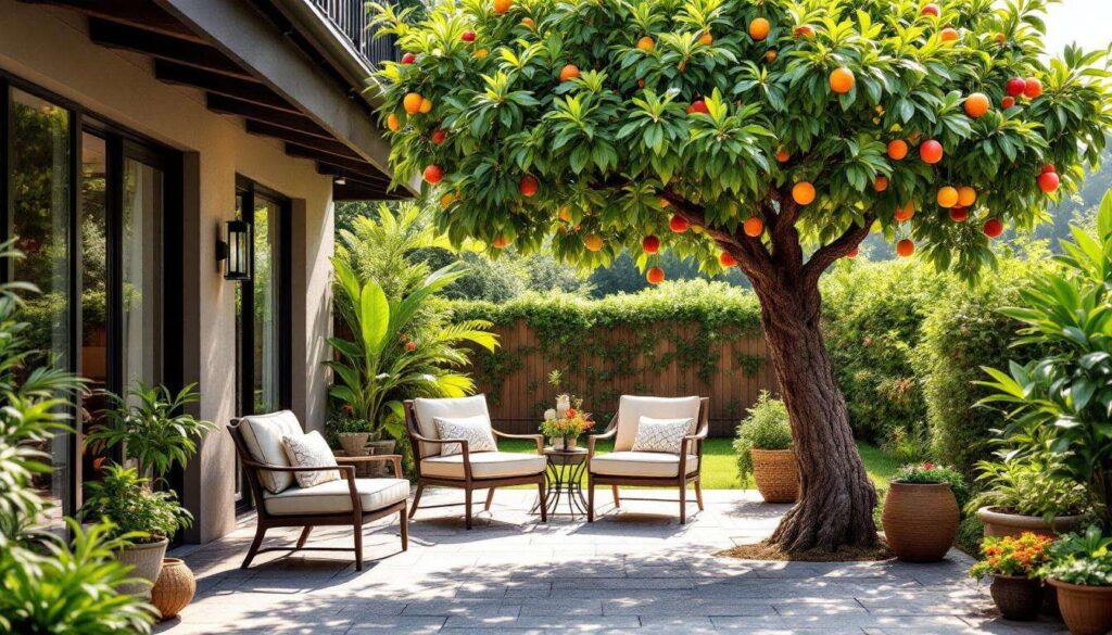 An ideal tree for your patio that won’t crack the pavement, gives shade and bears fruit