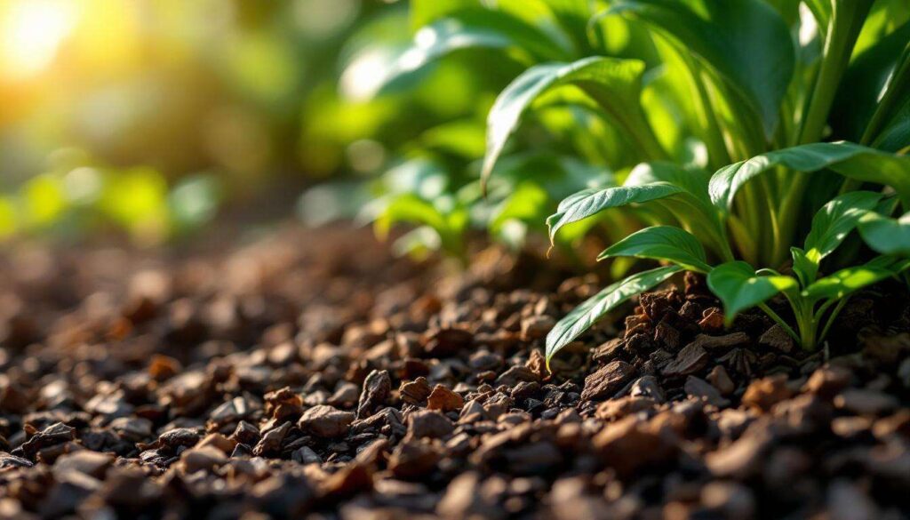 The bark-chip mulch protects plant roots: how insulation stabilises soil temperature